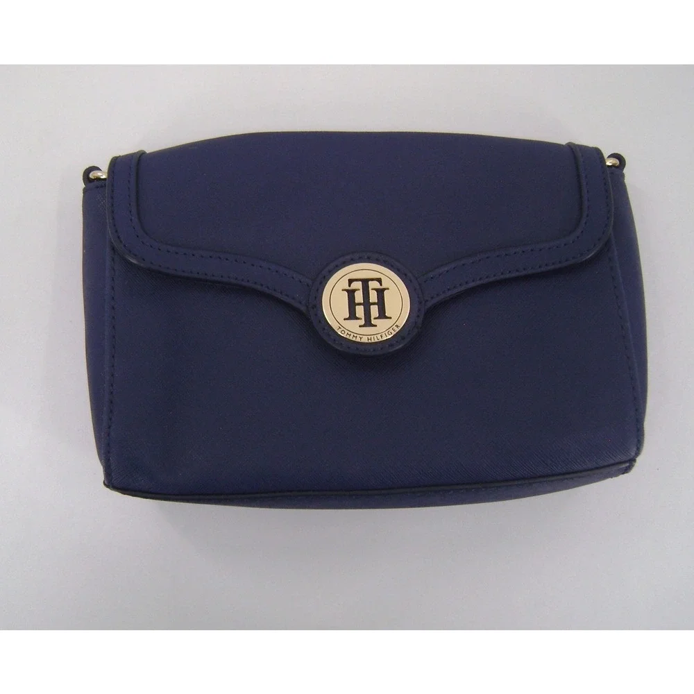 Tommy Hilfiger Navy Blue Saffiano Crossbody Bag Gold TH Logo Medallion Purse